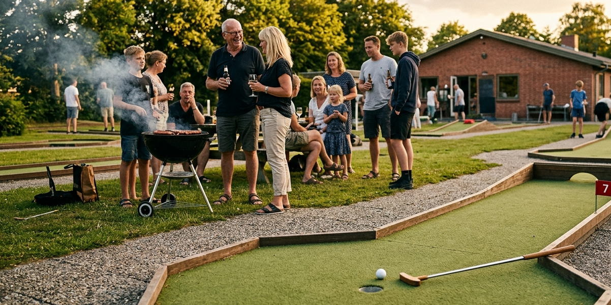 Folk hygger med grill og minigolf en sommeraften hos Galten-Skovby Minigolf