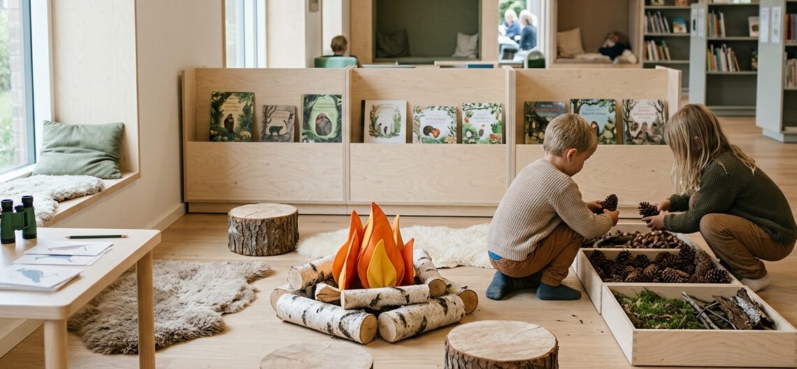 Børn undersøger grankogler ved en lejrbålsplads med bøger om dansk natur på Galten Bibliotek