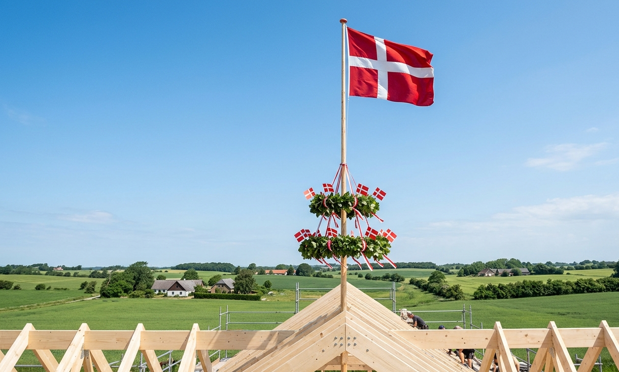 Rejsegildekrans med Dannebrog på tagkonstruktionen af det nye børnehus i Langvad Bakker ved Låsby