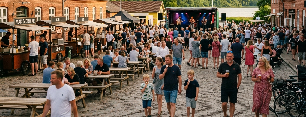 Folkefest med streetfood-boder, livemusik og mennesker i Ry ved søen