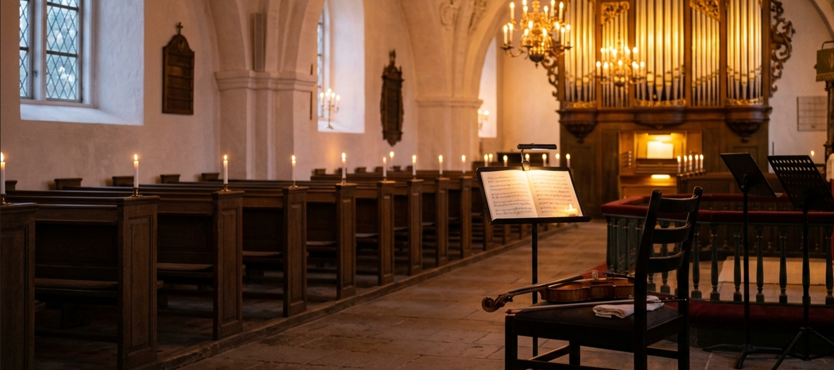 Kirkerum med stearinlys, orgel og violin på en stol før en koncert i Ry Kirke