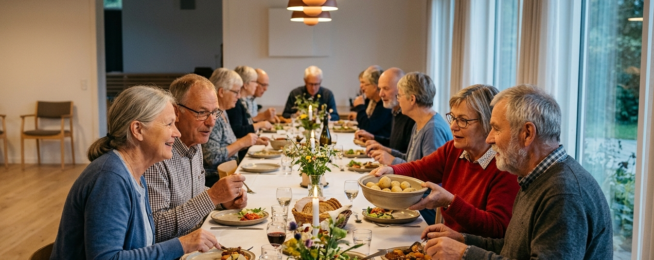 Seniorer samlet om et langbord til fællesspisning i Skovby Sognehus