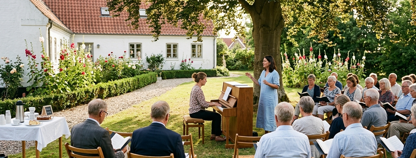Fællessang i præstehaven ved Linå Kirke med pianist og deltagere på stole i haven