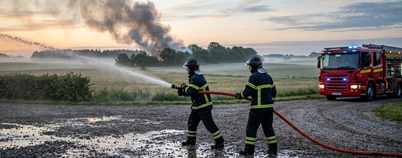 Arkivfoto af brandvæsen i indsats — genreillustration, viser ikke branden i Sjelle