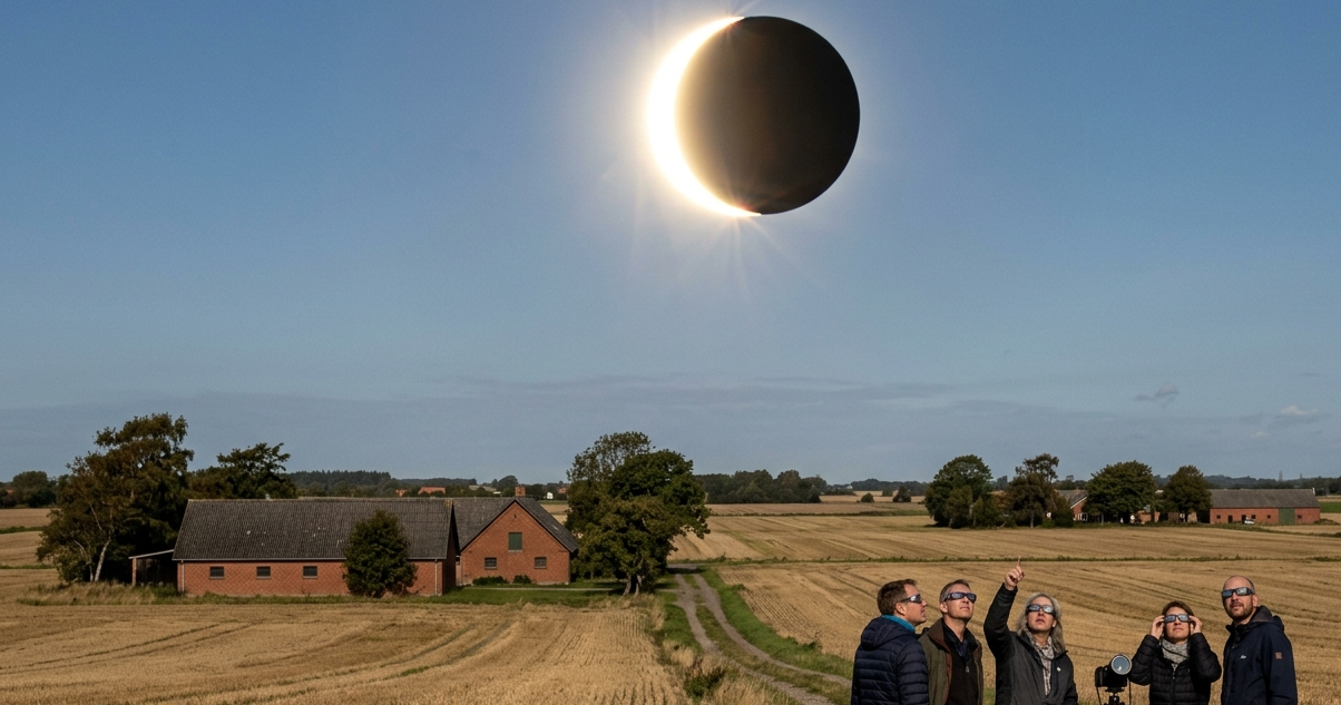 Delvis solformørkelse over dansk landskab med tilskuere i solformørkelsesbriller