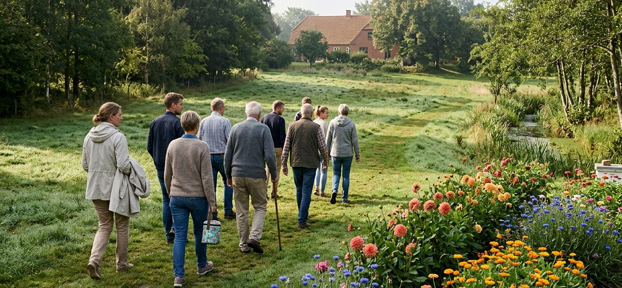 Gruppe paa vandretur over eng ned mod aa med bondegaard og blomsterbede i forgrunden