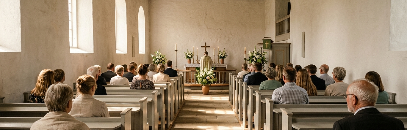 Menighed til festgudstjeneste i en dansk landsbykirke med blomsterudsmykning ved alteret