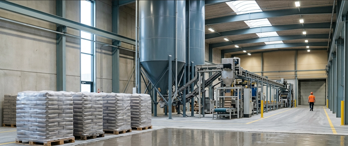 Produktionshal med siloer, pakkelinje og paller med saekke byggemateriale