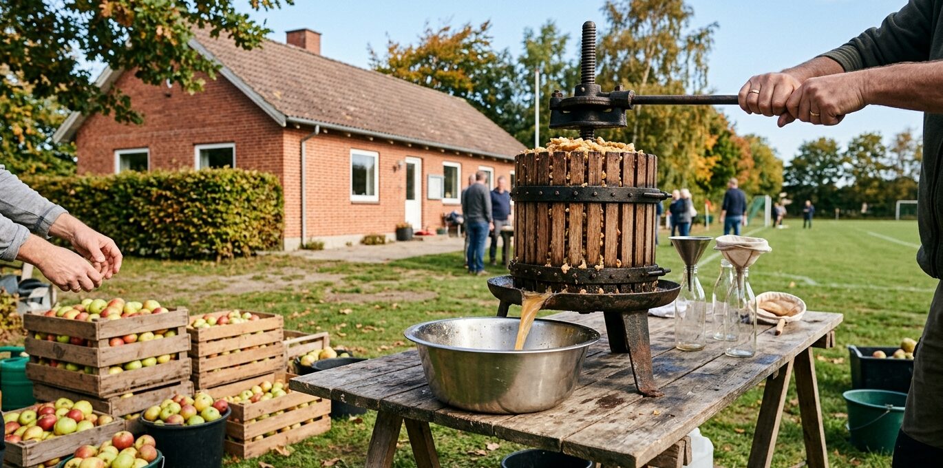 Æblepresser på bord uden for et rødstens klubhus med kasser af æbler og frisk most i en skål