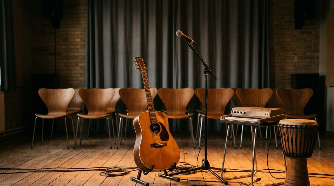 Akustisk guitar, mikrofon, keyboard og djembe klar til koncert i et mødelokale