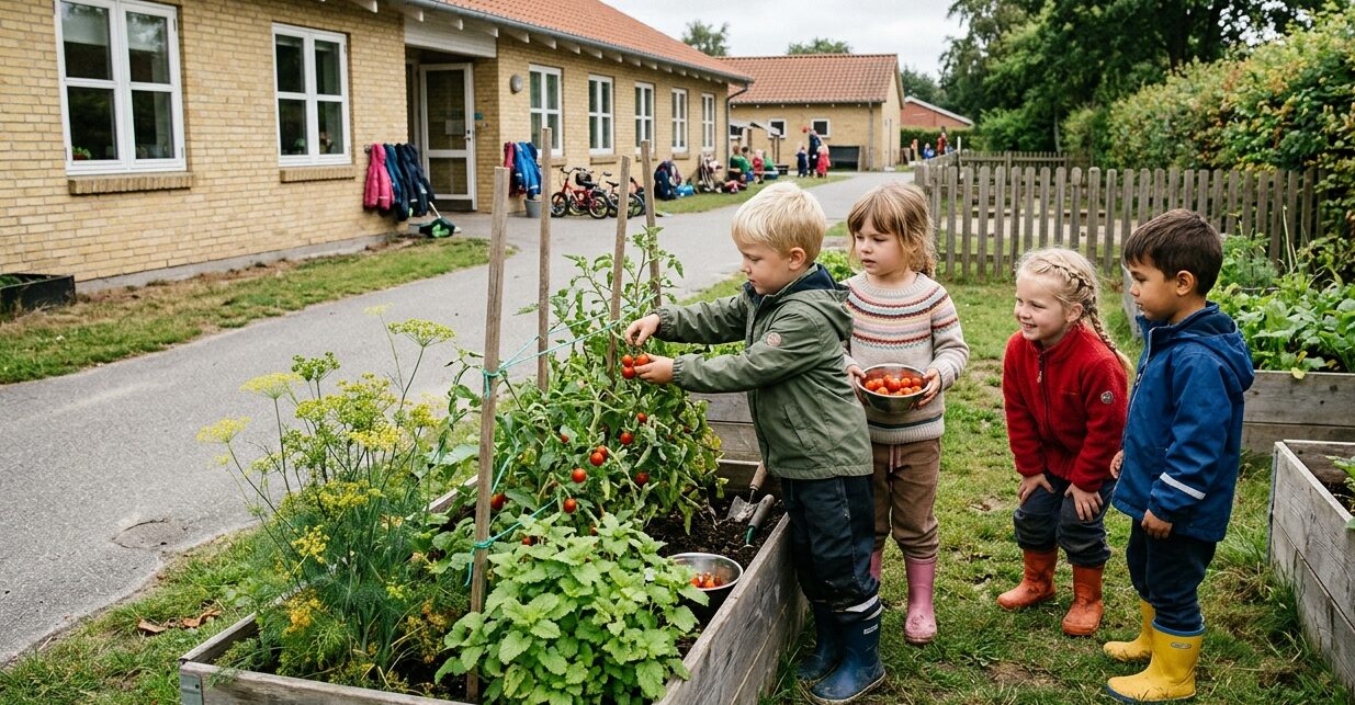 Børnehavebørn i gummistøvler plukker tomater i en hævet plantekasse med dild og citronmelisse