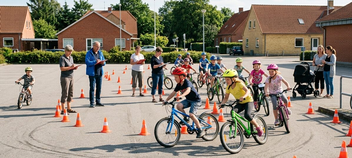 Børn med cykelhjelme cykler mellem orange kegler på en parkeringsplads, mens frivillige tæller omgange