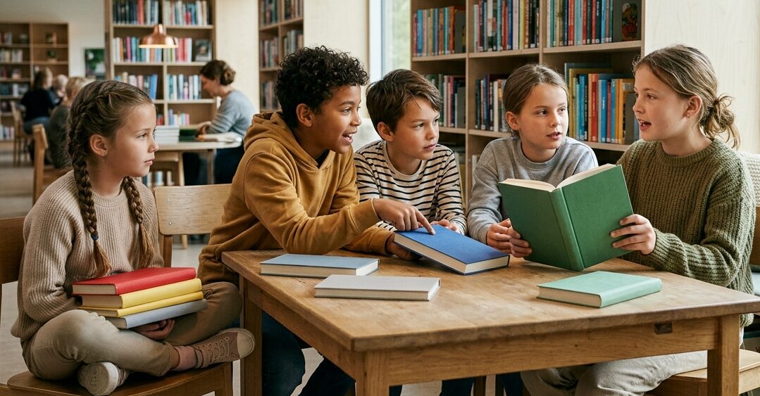 Børn i 3.-6. klasse taler om bøger ved et bord på Galten Bibliotek