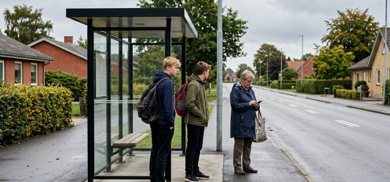 Tre passagerer venter ved et tomt busstoppested på en villavej i Galten-Skovby-området