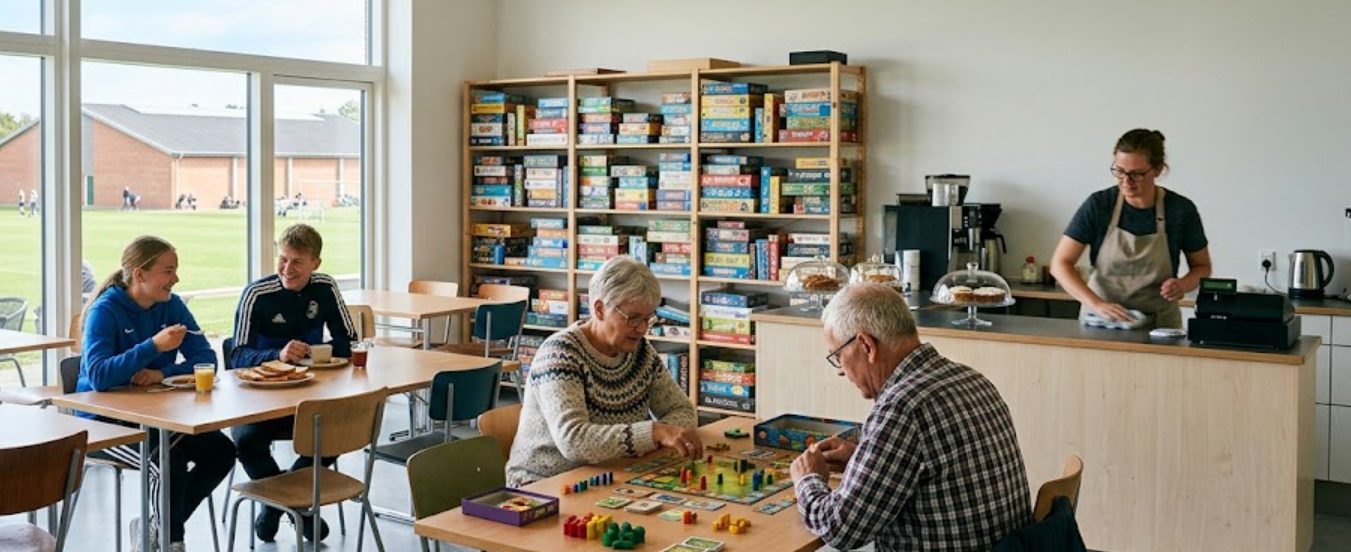Gæster spiller brætspil og drikker kaffe i Café Harlev foran en reol fuld af spil, med idrætsbanerne synlige gennem vinduet