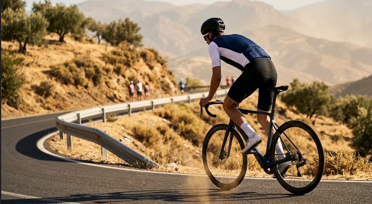 Cykelrytter på vej op ad stejl bjergvej i Sydspanien under Vuelta a España