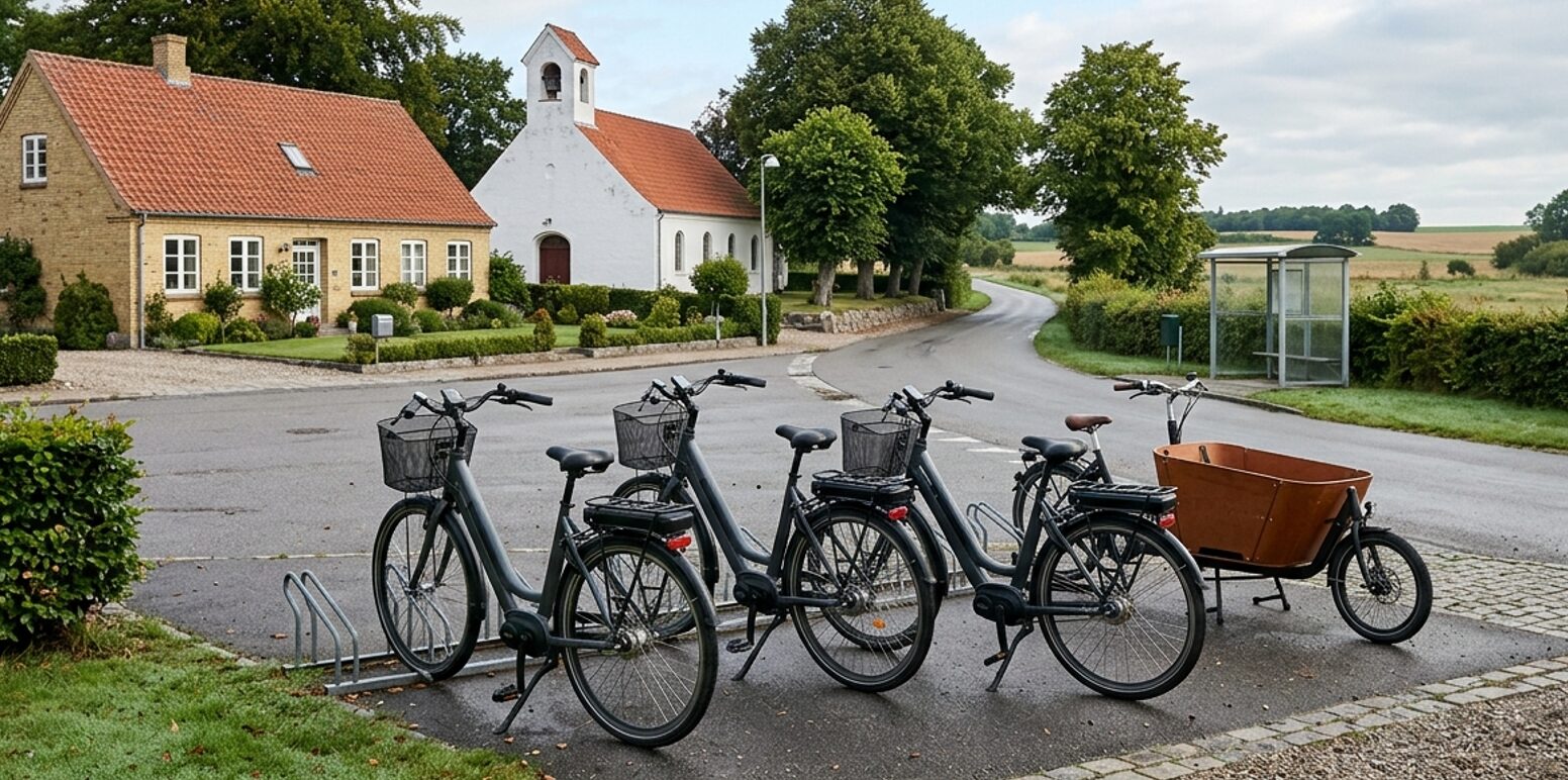 El-cykler og en elladcykel parkeret i cykelstativ ved landsbyplads med kirke, gulstenshus og busskur