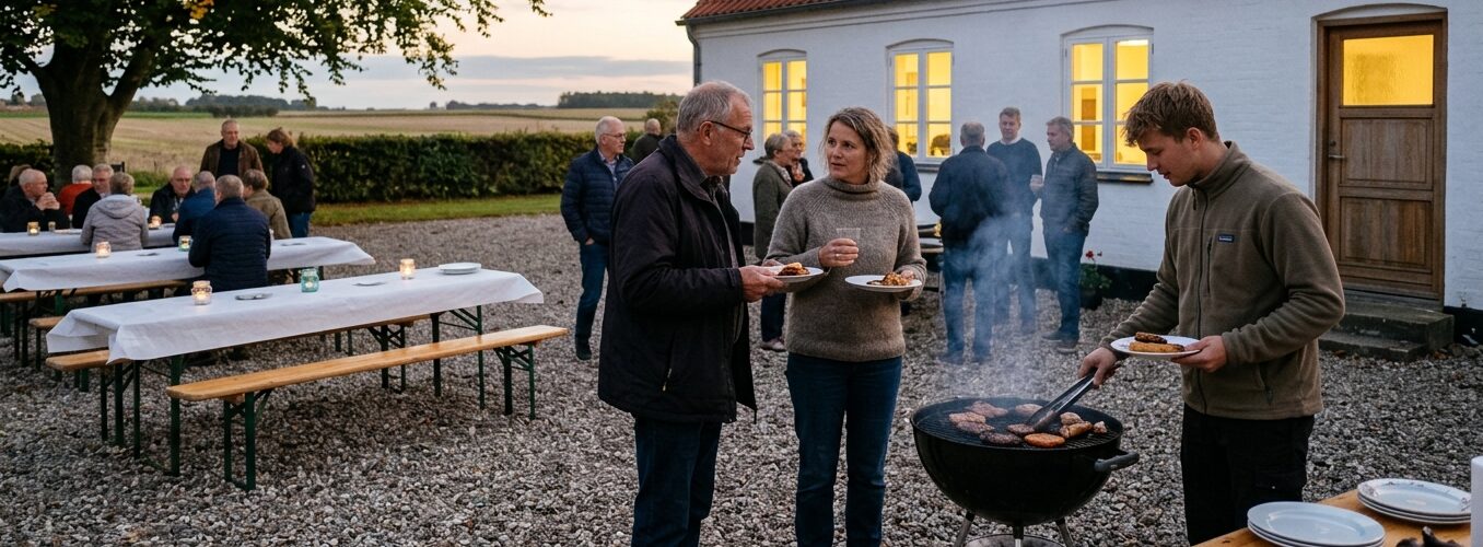 Landsbybeboere ved grillen foran MUFs klubhus i Mesing en efterårsaften