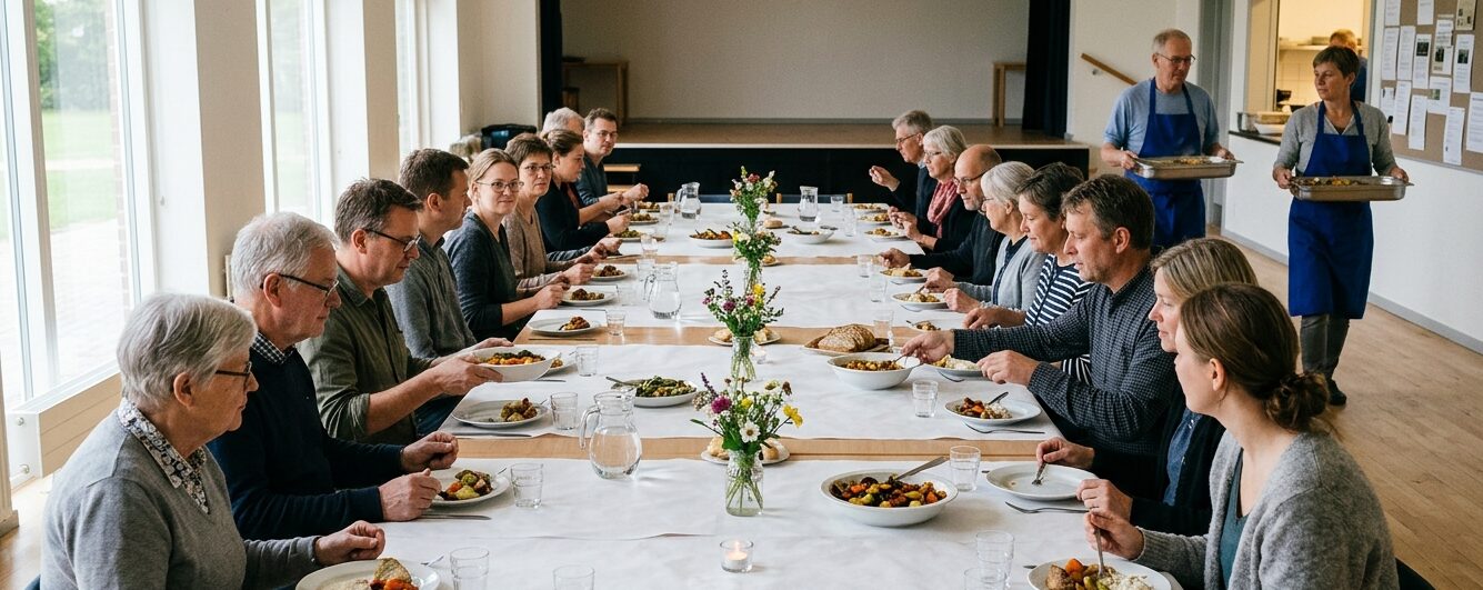 Gæster ved et langbord til fællesspisning i en lys sal