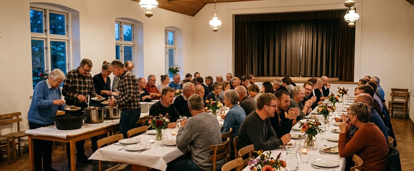 Gæster ved lange dækkede borde til fællesspisning i et dansk forsamlingshus