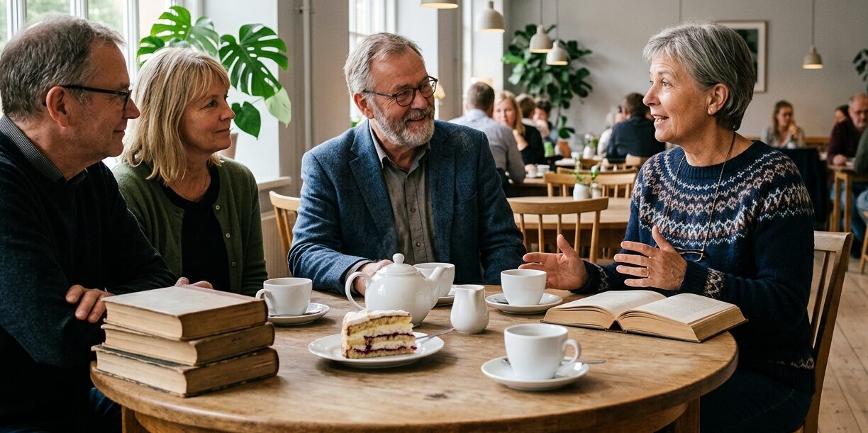 Fire voksne sidder om et cafebord med kaffe, kage og boeger i Kulturhuset InSide