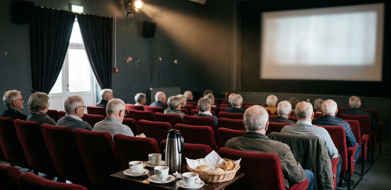 Publikum sidder i en biografsal med kaffe og rundstykker på et bord i forgrunden