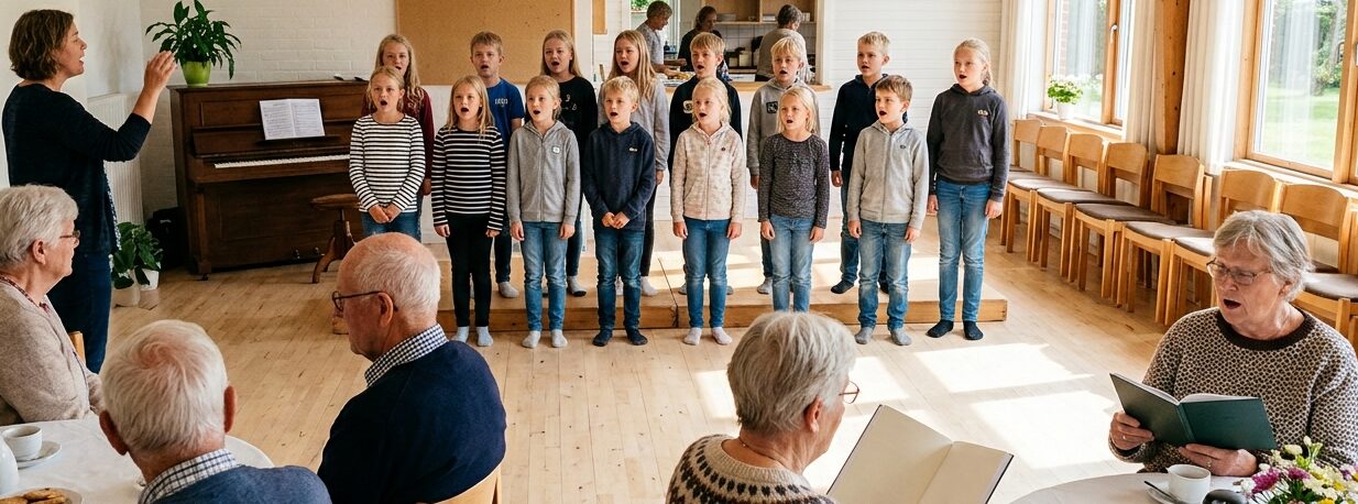 Skolebørn synger for ældre gæster i lys sal med klaver, mens gæsterne følger med i sanghæfter ved kaffeborde