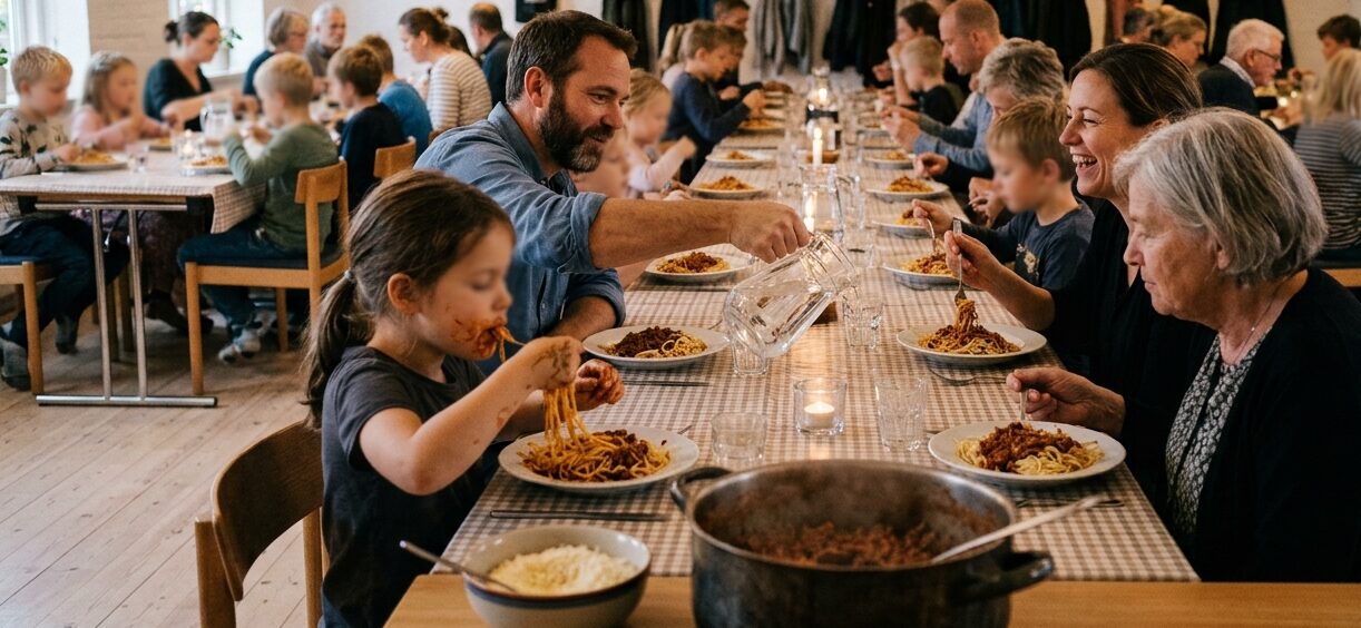 Familier spiser spaghetti med koedsovs ved lange borde i et sognehus