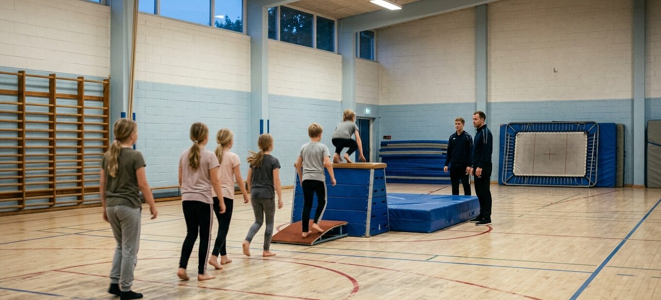 Børn træner spring på plint i gymnastiksalen ved STIF Hallen i Sorring, mens to trænere står klar