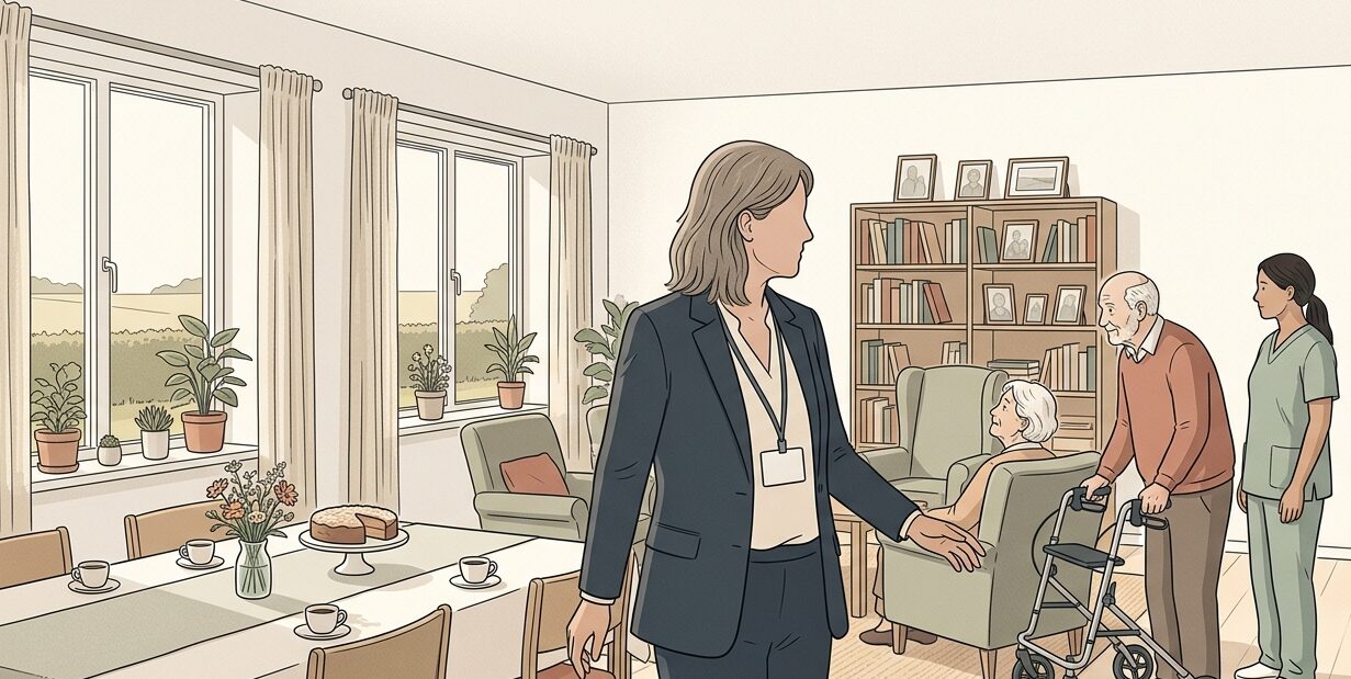 Tegnet illustration af en forstander i samtale med beboere og plejepersonale i et plejehjems fællesstue