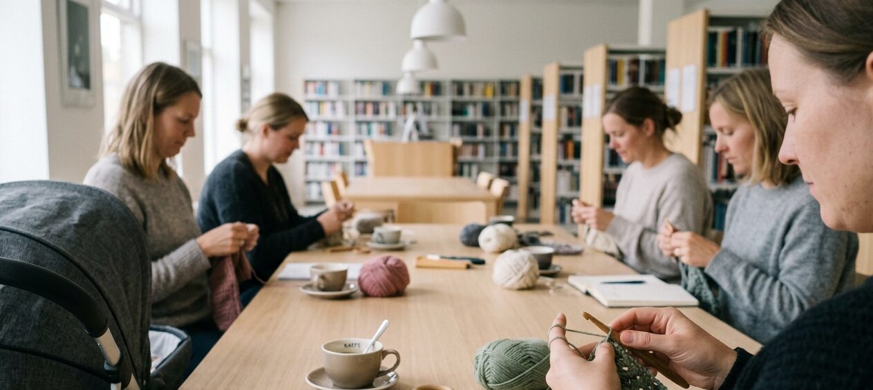 Deltagere haekler ved et langt bord paa et bibliotek, en barnevogn staar ved bordenden