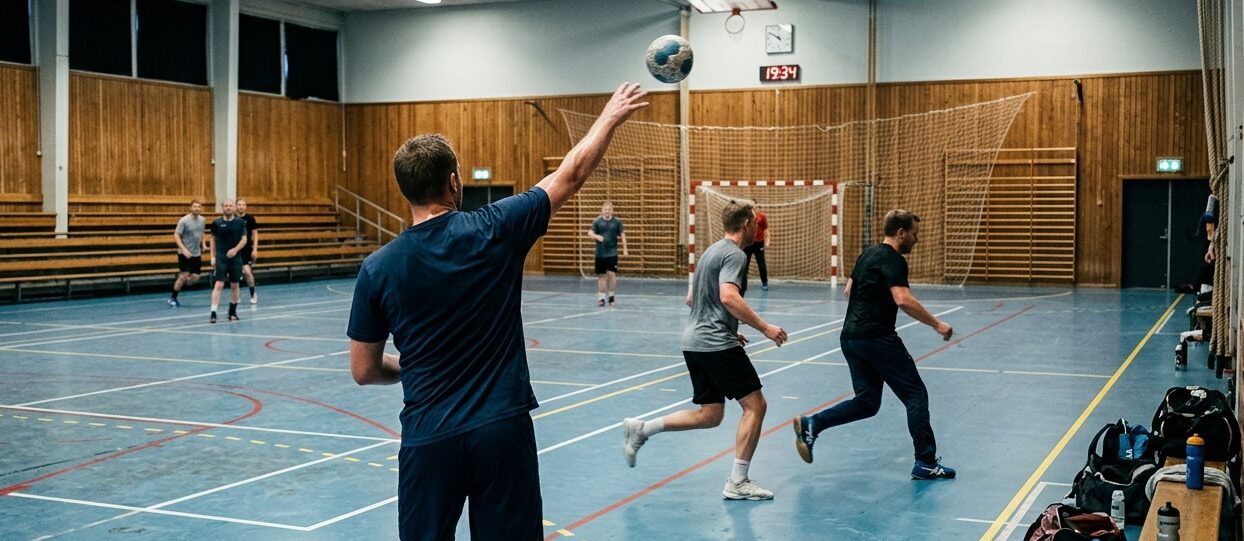 Herrespillere til håndboldtræning i en dansk idrætshal, set bagfra mens en spiller kaster bolden
