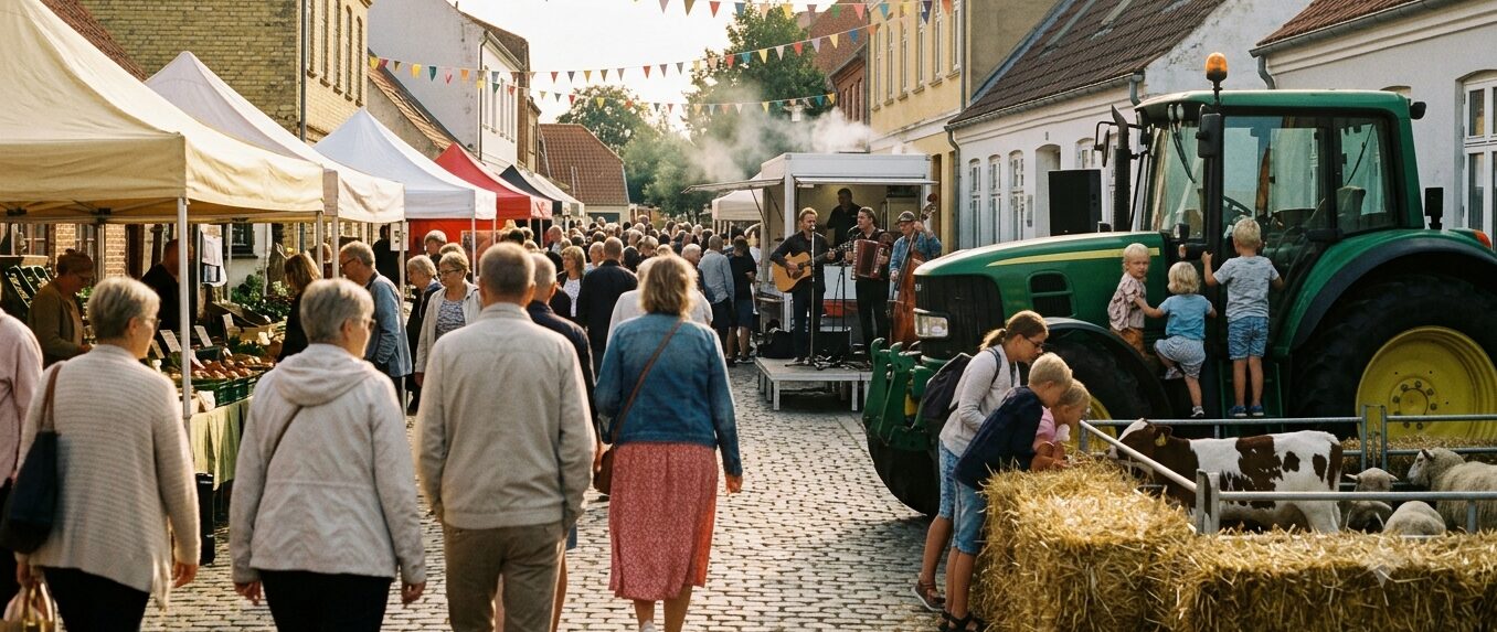 Høstfest på en brostensbelagt gade med boder, vimpler, levende musik, en stor traktor og kalve i en halmindhegning