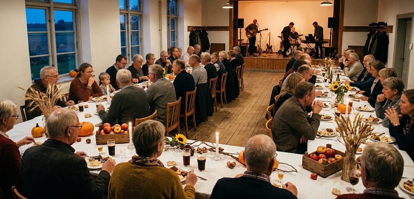 Gæster ved lange borde med høstpynt i forsamlingshus, orkester på scenen i baggrunden