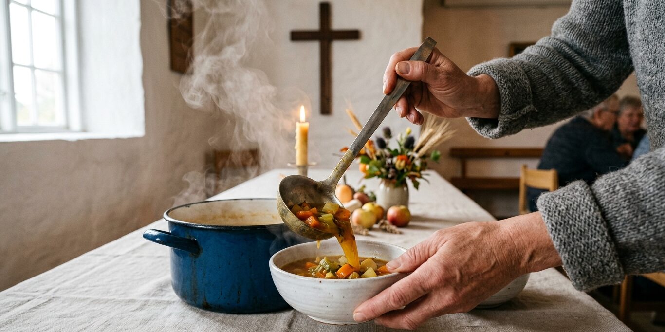 Hånd øser suppe op i en skål ved et pyntet bord med trækors på væggen i Galten Sognegård