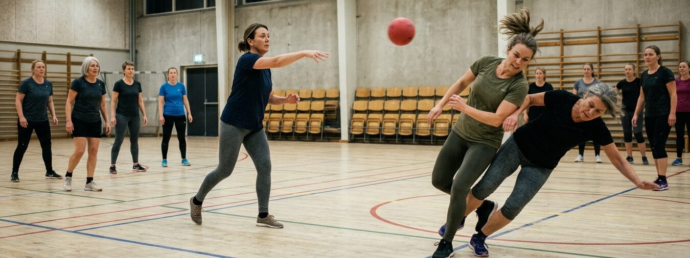 Voksne kvinder i alle aldre spiller høvdingebold i en dansk idrætshal