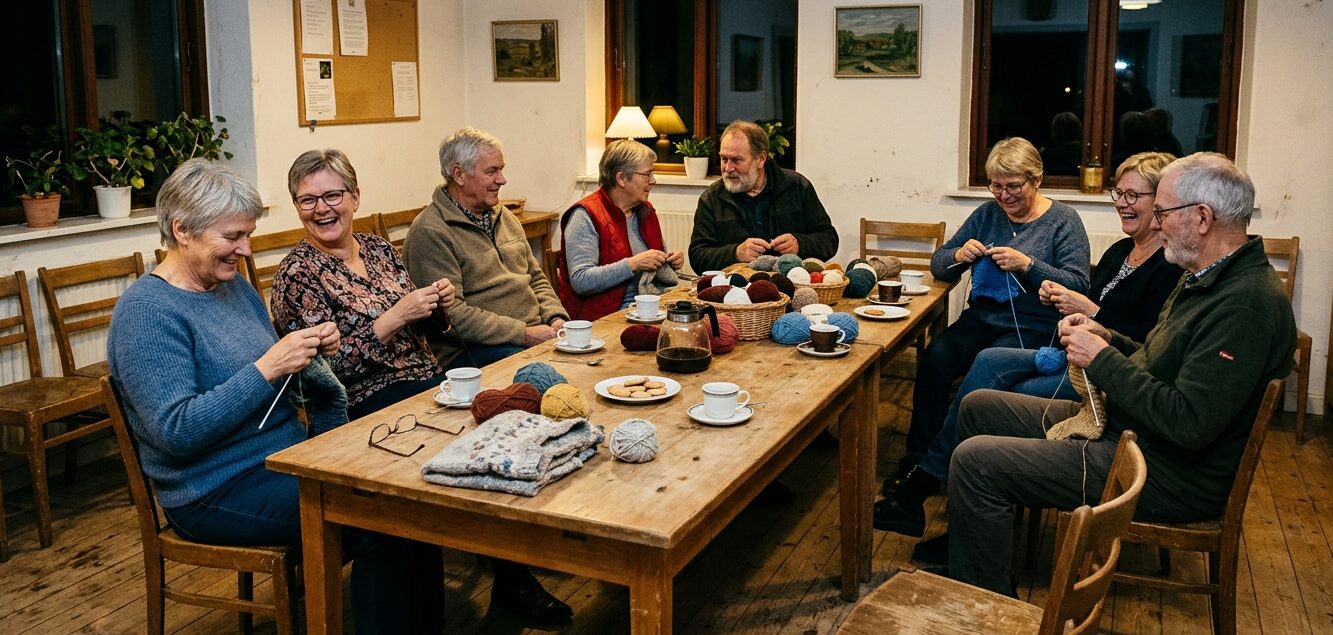 Deltagere med strikketøj og kaffe omkring langbord i forsamlingshusets havestue