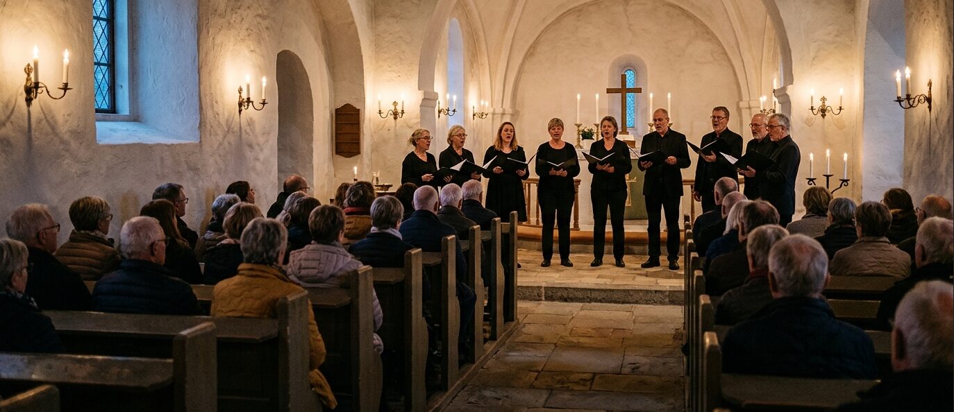 Kor synger for fuld kirke i Veng Kirke under levende lys