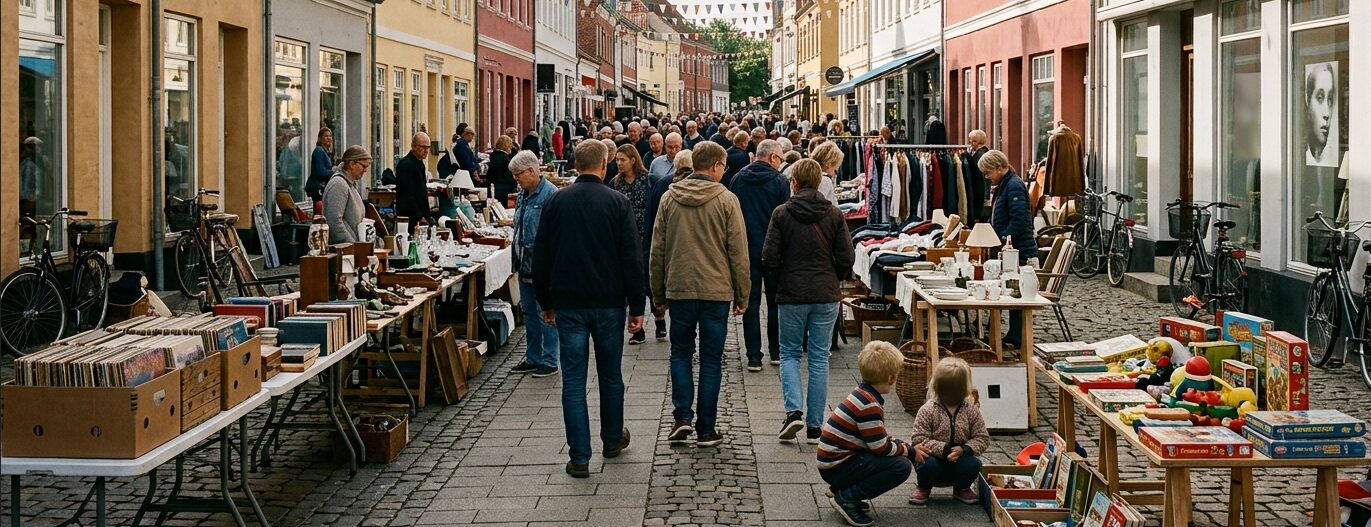Kræmmerboder med bøger, porcelæn og legetøj langs Adelgade i Skanderborg, mens besøgende går mellem bordene
