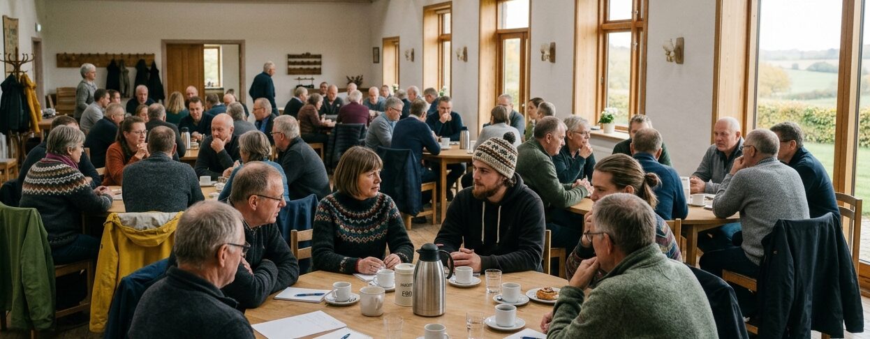 Deltagere ved runde borde i lys forsamlingssal med udsigt over efterårslandskab