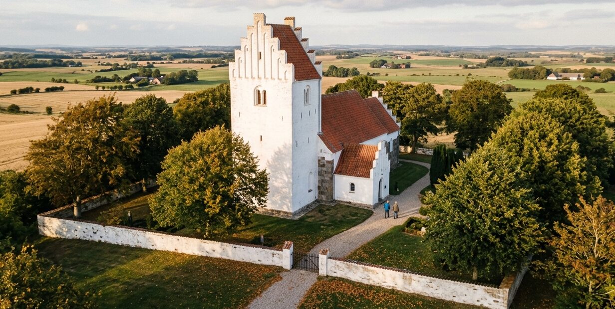 Hvidkalket dansk landsbykirke med kamtakket tårn højt i landskabet med udsyn over marker i tidligt efterårslys