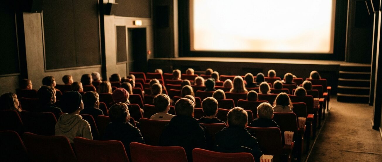 Børn sidder i biografsalen og ser film i Bio Huset i Galten
