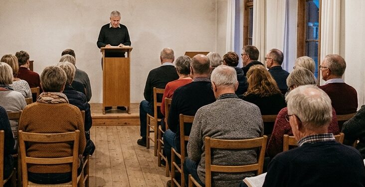 Forsamling lytter til taler i missionshuset Bethesda i Stjær