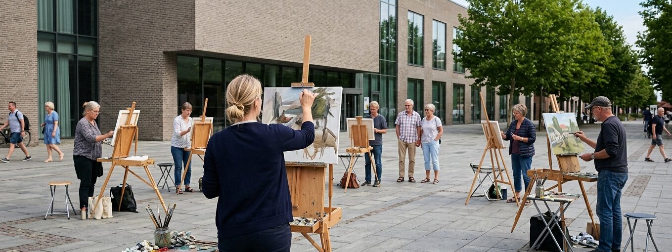 Kunstnere maler ved staffelier på pladsen foran Kulturhuset Skanderborg