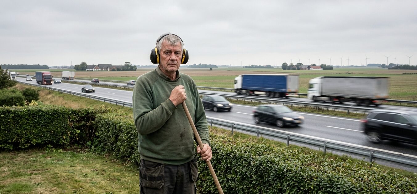 Mand med høreværn i sin have ved Silkeborgmotorvejen i Lillering
