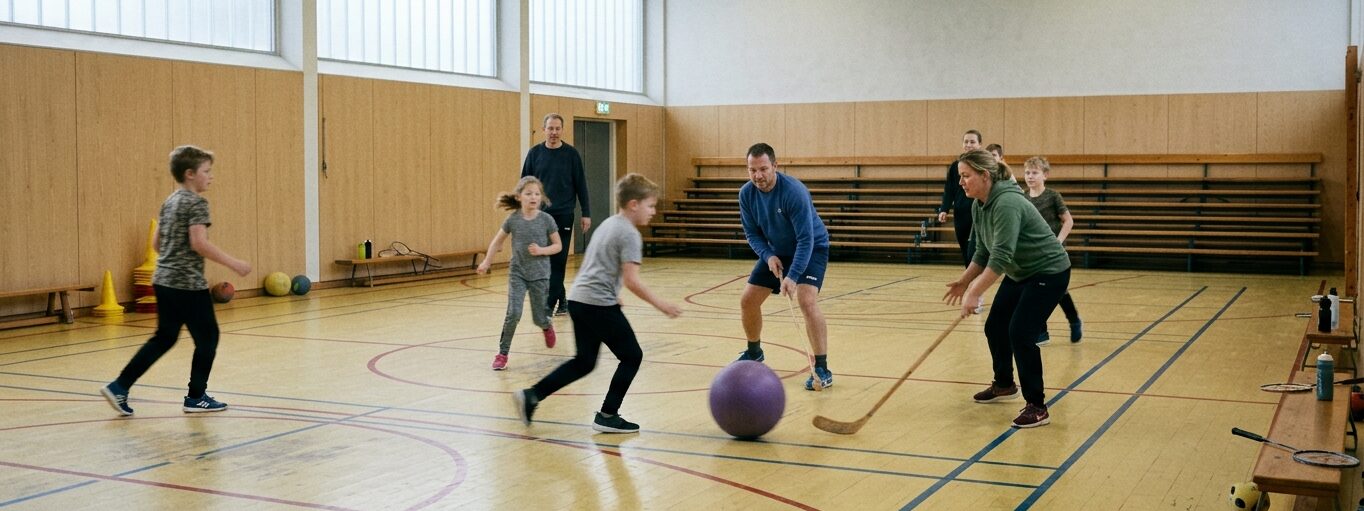 Børn og voksne spiller bold og hockey sammen i en idrætshal