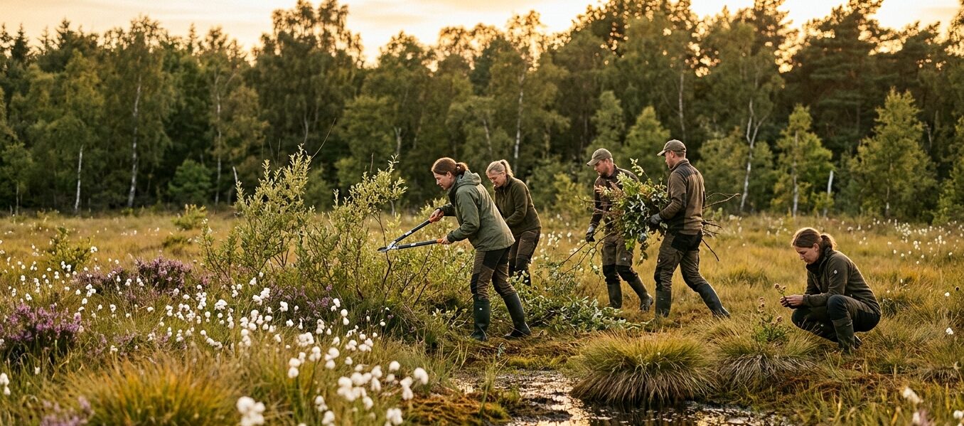 Frivillige rydder pileopvækst med høgenæb i en lysåben mose med kæruld og klokkelyng i aftenlys