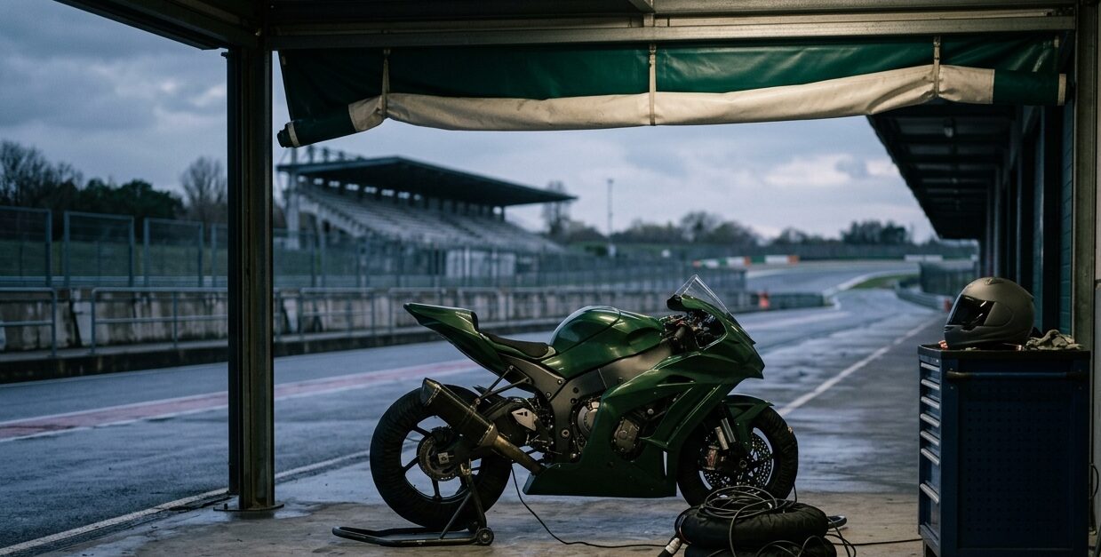 Tom pitbox med grøn racermotorcykel på våd racerbane i gråvejr