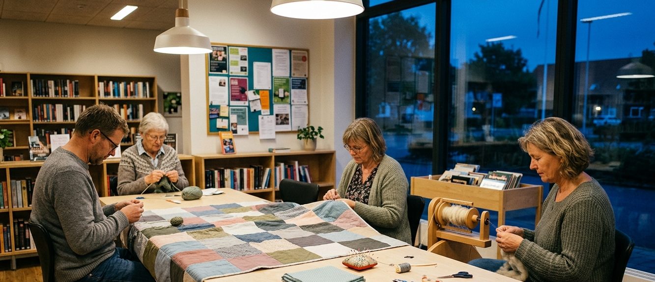 Fire voksne syr patchwork og spinder garn ved et bord på Harlev Bibliotek en sommeraften