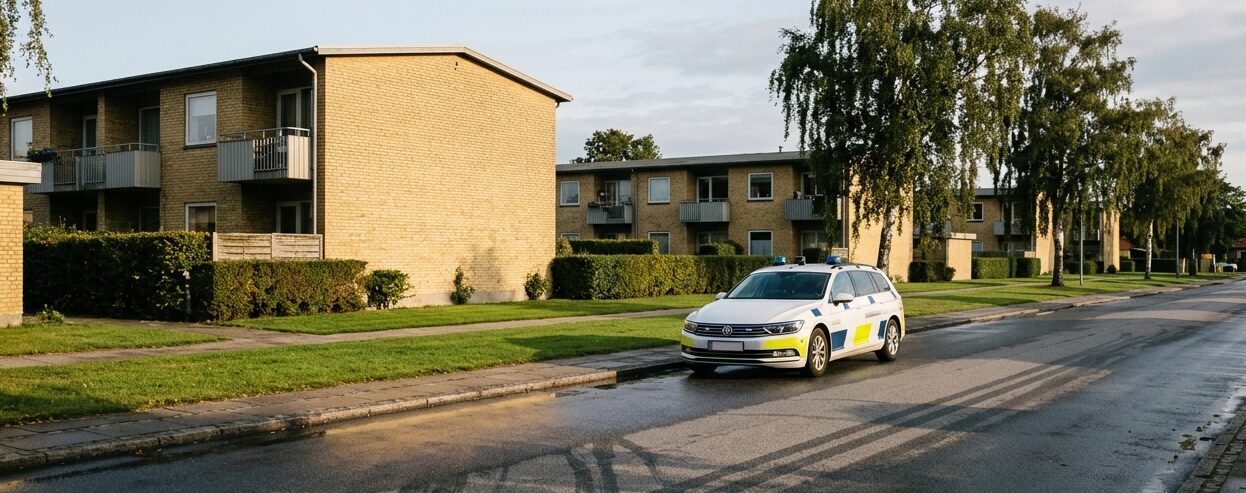 Parkeret dansk politibil på en stille villavej foran gule etageejendomme i aftensol